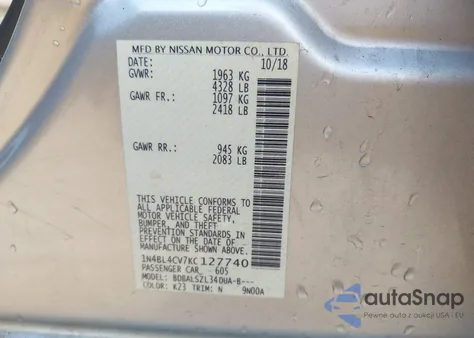 2019 Nissan Altima 2.5 Sr from USA, damaged, VIN 1N4BL4CV7KC127740